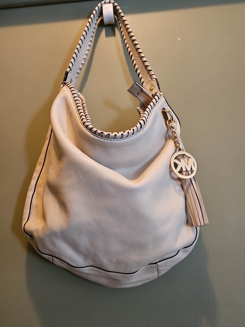 Michael Kors Cream Leather Hobo with Gold Logo Tassel
